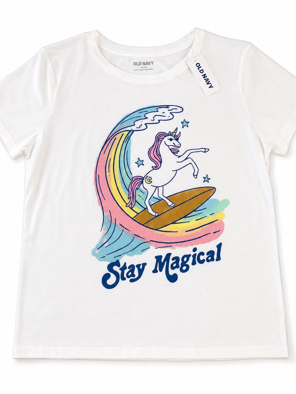 NWT Old Navy White Tee with Rainbow Unicorn Surf Graphic